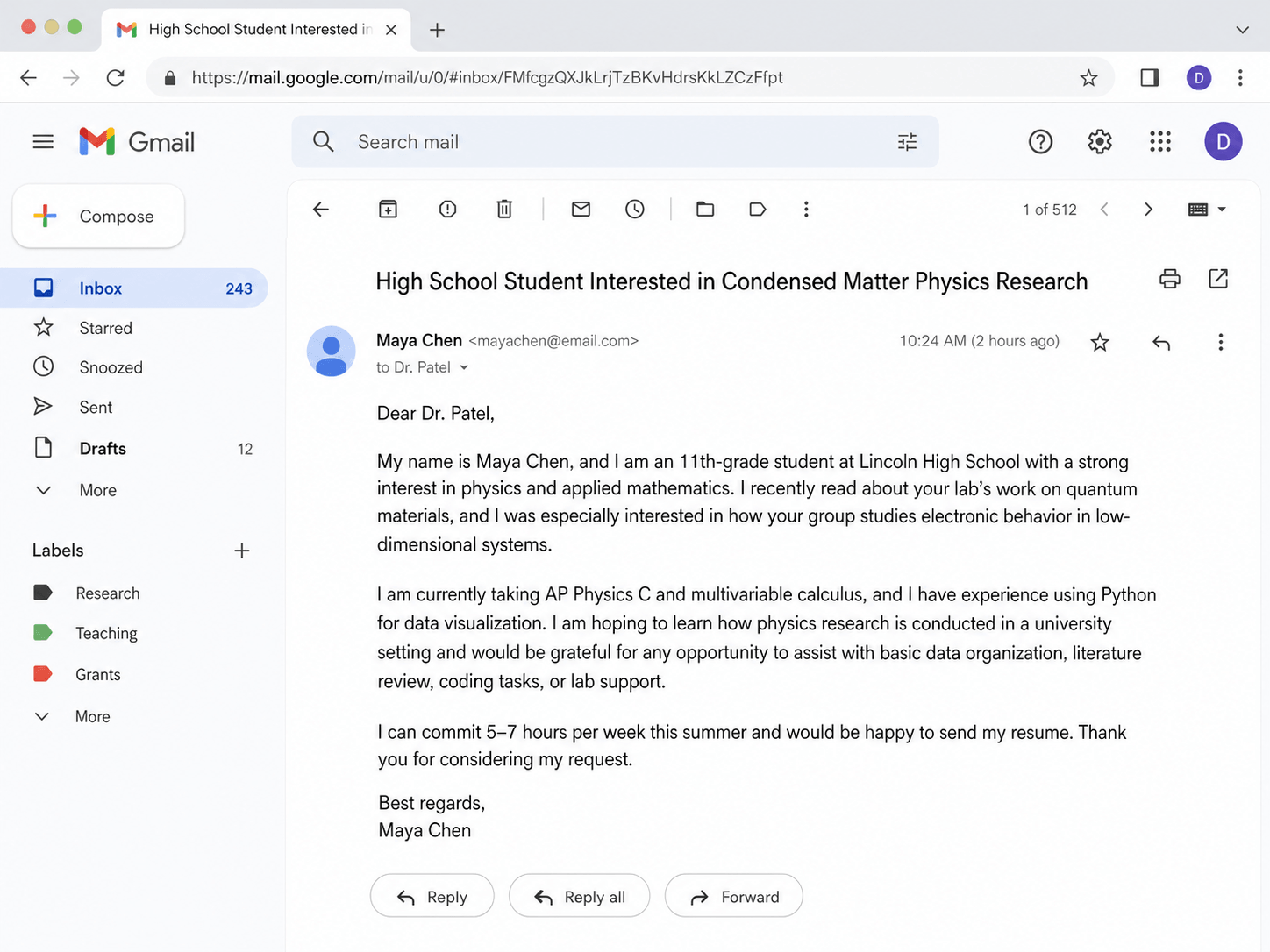 Cold Email Template for Research High School example